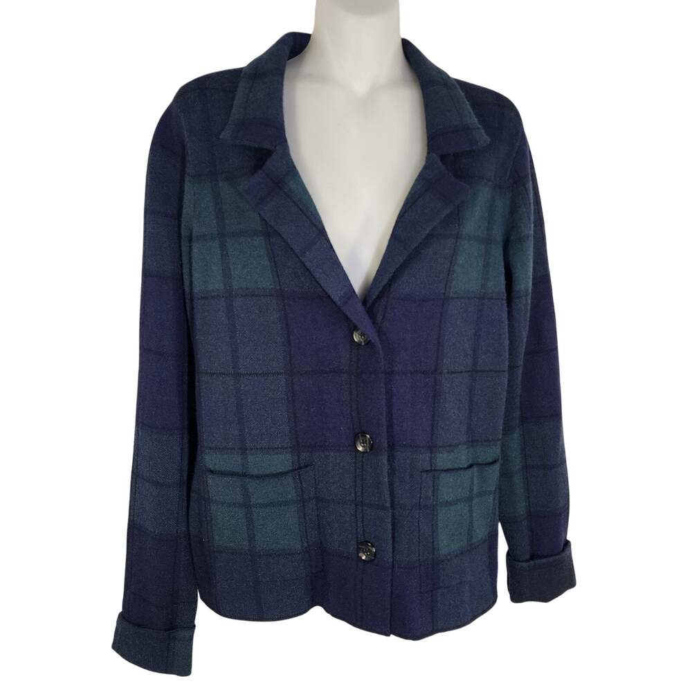Tahari Womens 3 Button Blazer Jacket M Blue Green Plaid Academia Career Preppy